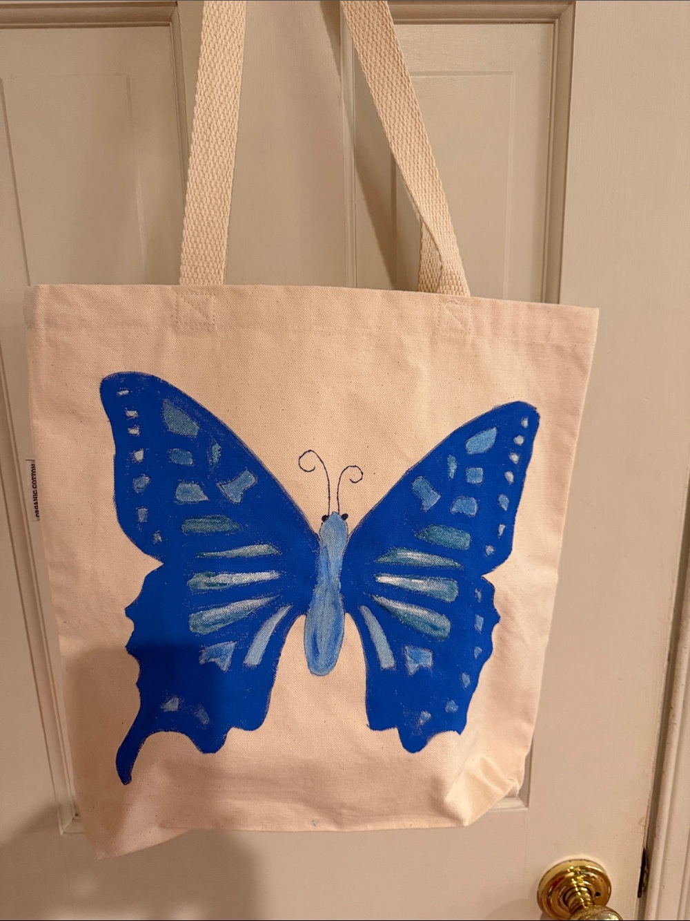 Hand painted Canvas Tote with Hand-Painted Blue Butterfly